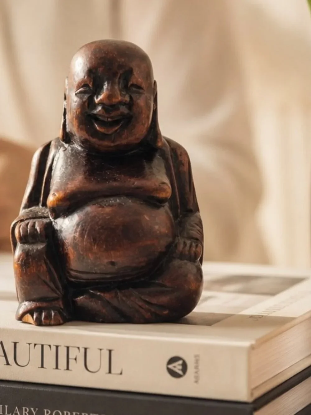 Vintage Laughing Buddha Statue Solid Wood 4” tall Hand carved